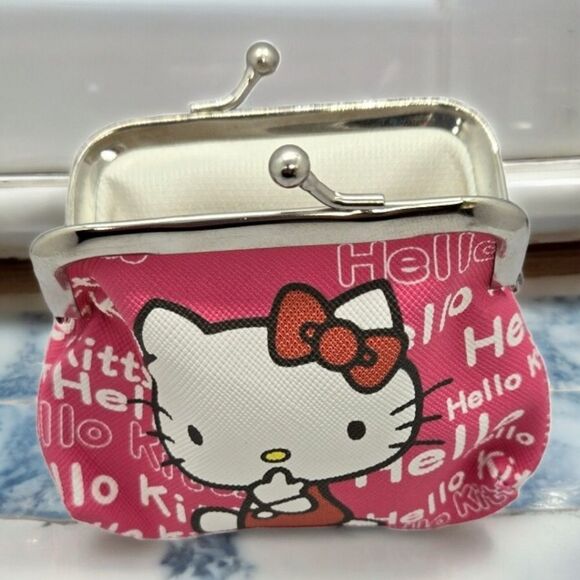 Hello Kitty Coin Pouch Mini Change Purse Pink Cartoon Cat Logo PU Leather NWT - Picture 2 of 6